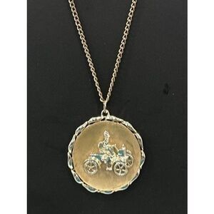 Vtg Pendant Necklace Women's 15" Gold-tone Chain & Antique Automobile Medallion